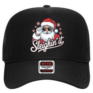 Sleighin It Funny Santa Cool Style Sleighing Grandpa High Crown Mesh Back Trucker Hat