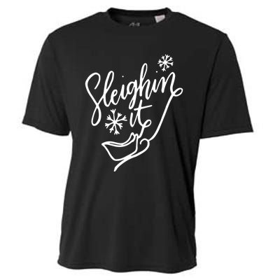 Sleighin It Funny Christmas Pun Sleighing Santa Sleigh Xmas Cooling Performance Crew T-Shirt