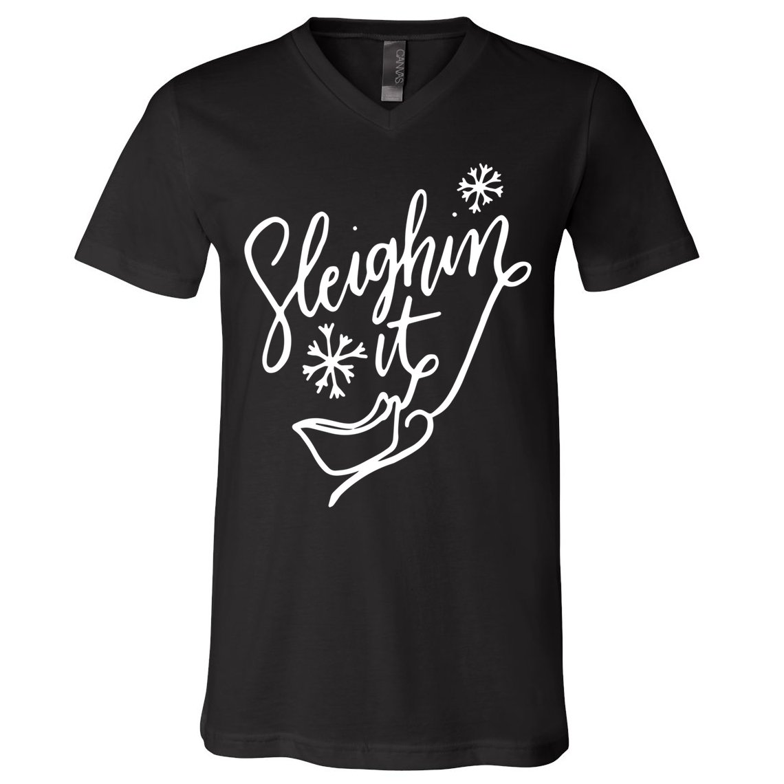 Sleighin It Funny Christmas Pun Sleighing Santa Sleigh Xmas V-Neck T-Shirt