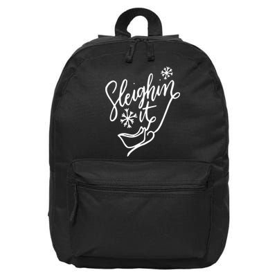 Sleighin It Funny Christmas Pun Sleighing Santa Sleigh Xmas 16 in Basic Backpack