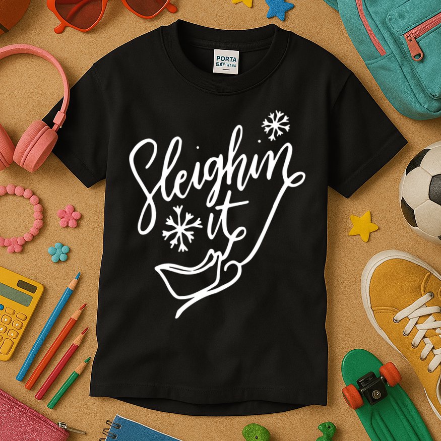 Sleighin It Funny Christmas Pun Sleighing Santa Sleigh Xmas Kids T-Shirt