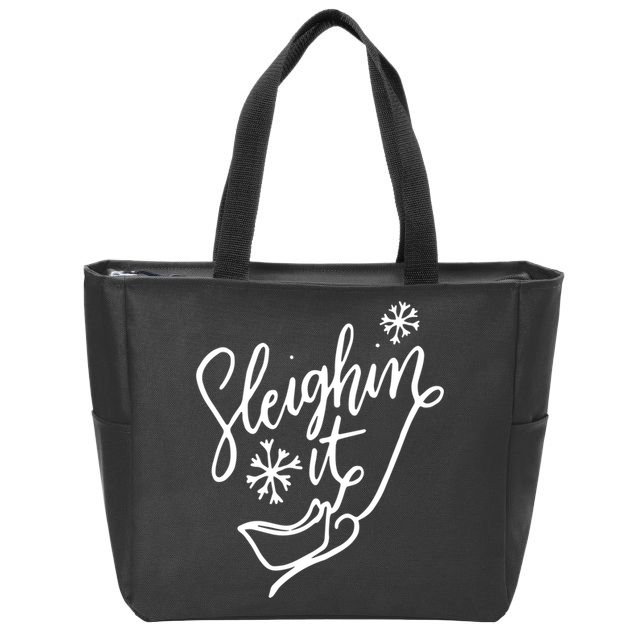 Sleighin It Funny Christmas Pun Sleighing Santa Sleigh Xmas Zip Tote Bag