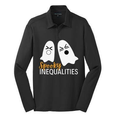 Spooky Inequalities Ghosts Halloween Math Teacher Cute Silk Touch Performance Long Sleeve Polo