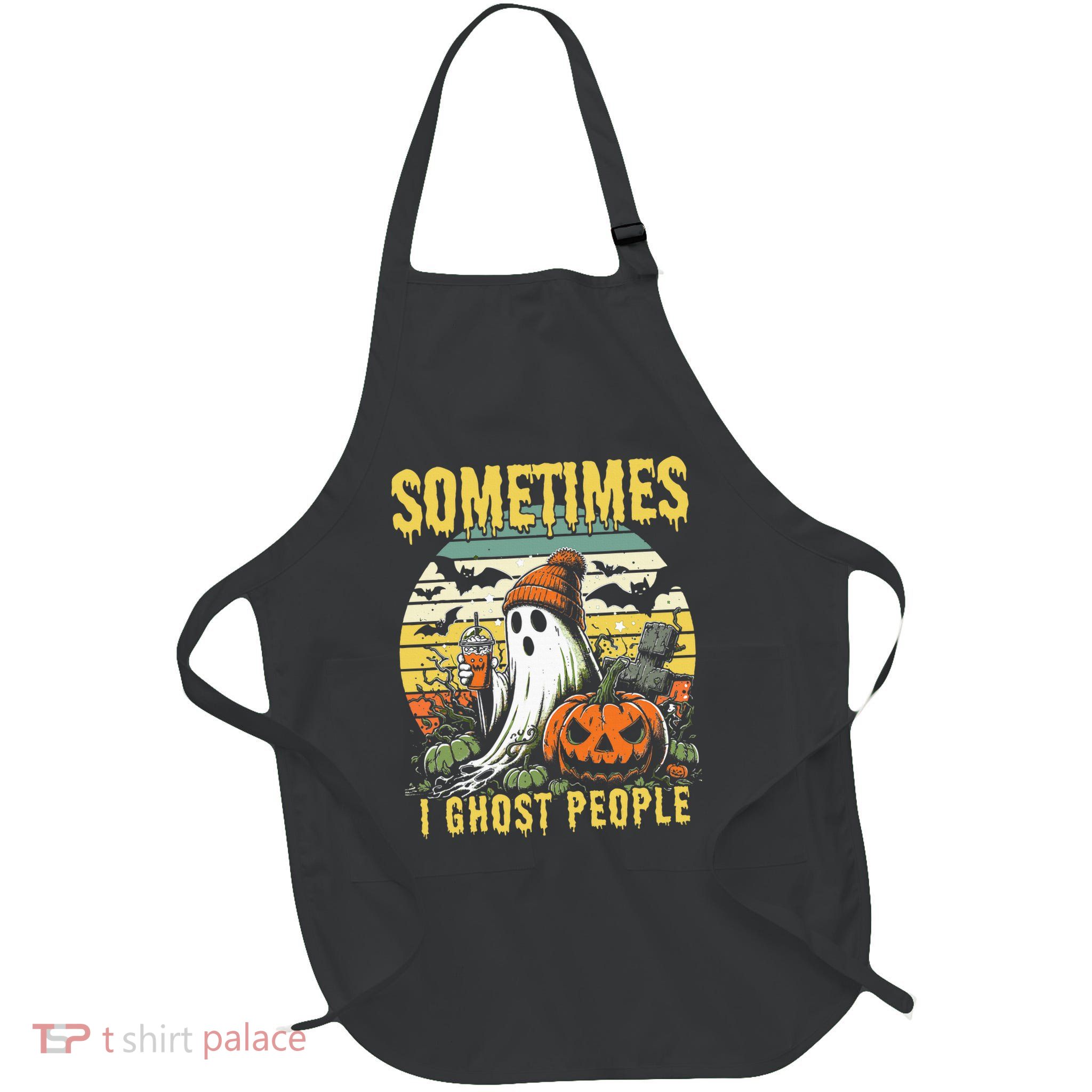 Sometimes I Ghost People Halloween Ghost Grave Moon V2 Full-Length Apron With Pockets