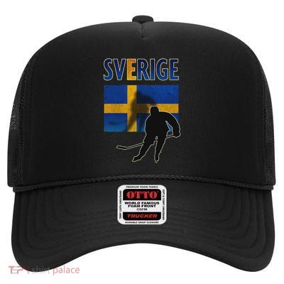Sweden Ice Hockey Swedish Flag High Crown Mesh Back Trucker Hat