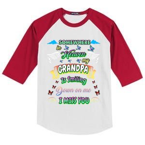 Someone In Heaven My Grandpa Is Smiling Down On Me Miss Him Gift Kids Colorblock Raglan Jersey