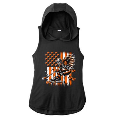 Skeleton Ice Hockey Halloween American Flag Gift Ladies PosiCharge Tri-Blend Wicking Draft Hoodie Tank