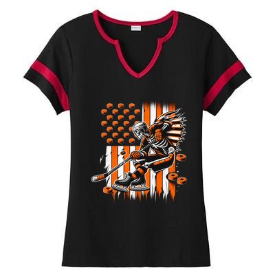 Skeleton Ice Hockey Halloween American Flag Gift Ladies Halftime Notch Neck Tee