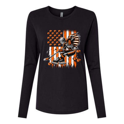 Skeleton Ice Hockey Halloween American Flag Gift Womens Cotton Relaxed Long Sleeve T-Shirt