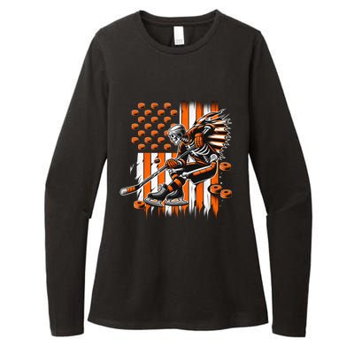 Skeleton Ice Hockey Halloween American Flag Gift Womens CVC Long Sleeve Shirt