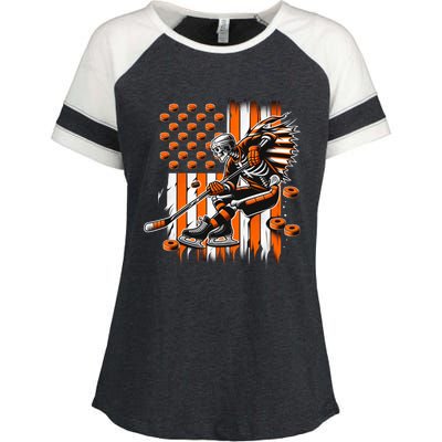 Skeleton Ice Hockey Halloween American Flag Gift Enza Ladies Jersey Colorblock Tee