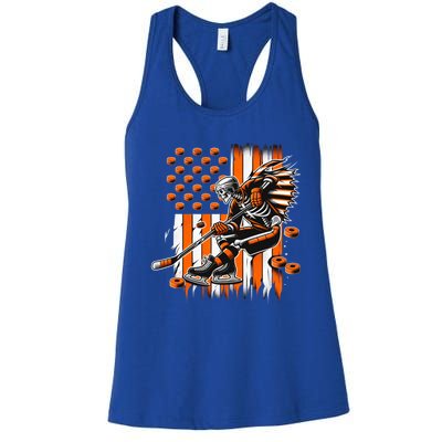 Skeleton Ice Hockey Halloween American Flag Gift Women's Racerback Tank