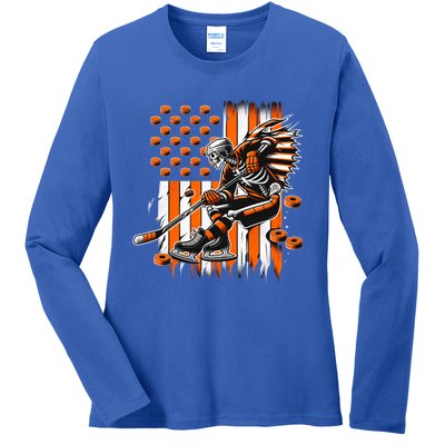 Skeleton Ice Hockey Halloween American Flag Gift Ladies Long Sleeve Shirt