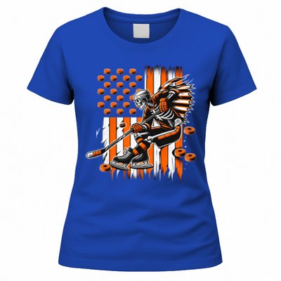 Skeleton Ice Hockey Halloween American Flag Gift Women's T-Shirt