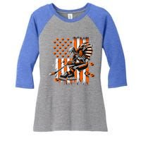 Skeleton Ice Hockey Halloween American Flag Gift Women's Tri-Blend 3/4-Sleeve Raglan Shirt