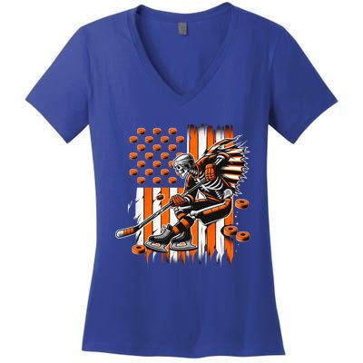 Skeleton Ice Hockey Halloween American Flag Gift Women's V-Neck T-Shirt