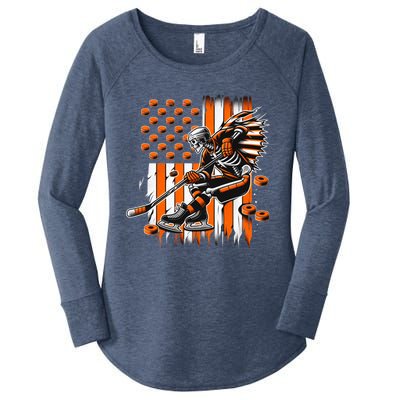 Skeleton Ice Hockey Halloween American Flag Gift Women's Perfect Tri Tunic Long Sleeve Shirt