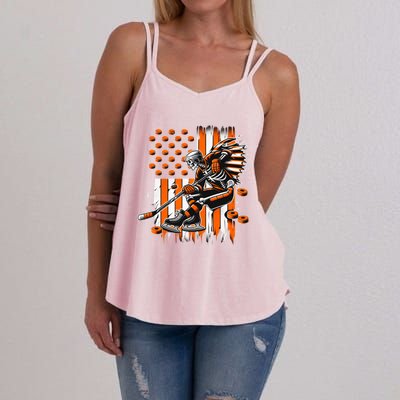 Skeleton Ice Hockey Halloween American Flag Gift Women's Strappy Tank