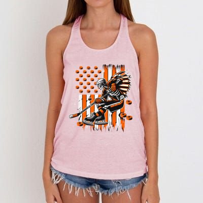 Skeleton Ice Hockey Halloween American Flag Gift Women's Knotted Racerback Tank