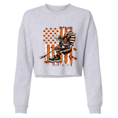 Skeleton Ice Hockey Halloween American Flag Gift Cropped Pullover Crew