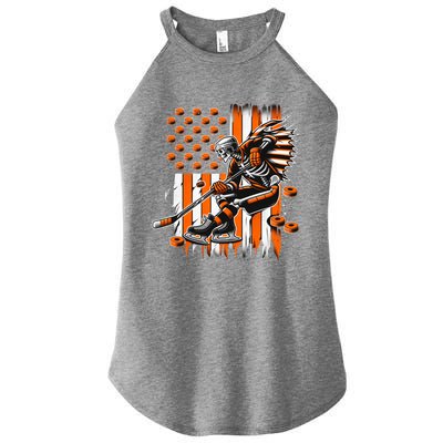 Skeleton Ice Hockey Halloween American Flag Gift Women's Perfect Tri Rocker Tank