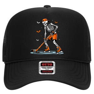 Skeleton Ice Hockey Halloween Funny Halloween Hockey High Crown Mesh Back Trucker Hat