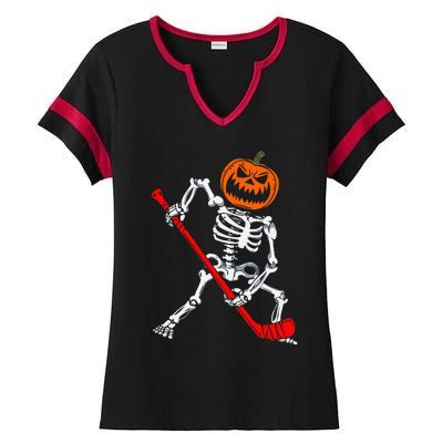 Skeleton Ice Hockey Halloween Pumpkin Hockey Ladies Halftime Notch Neck Tee