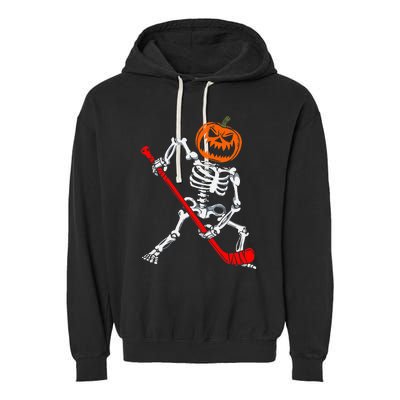 Skeleton Ice Hockey Halloween Pumpkin Hockey Garment-Dyed Fleece Hoodie