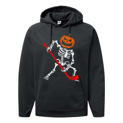 Skeleton Ice Hockey Halloween Pumpkin Hockey Performance Fleece Hoodie