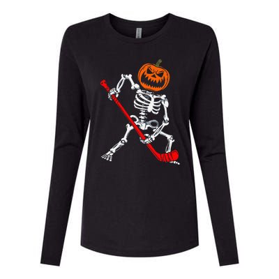 Skeleton Ice Hockey Halloween Pumpkin Hockey Womens Cotton Relaxed Long Sleeve T-Shirt