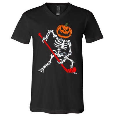 Skeleton Ice Hockey Halloween Pumpkin Hockey V-Neck T-Shirt