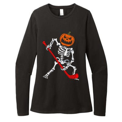 Skeleton Ice Hockey Halloween Pumpkin Hockey Womens CVC Long Sleeve Shirt