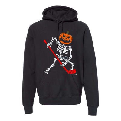 Skeleton Ice Hockey Halloween Pumpkin Hockey Premium Hoodie