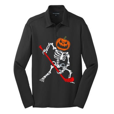 Skeleton Ice Hockey Halloween Pumpkin Hockey Silk Touch Performance Long Sleeve Polo