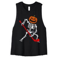 Skeleton Ice Hockey Halloween Pumpkin Hockey Women's Racerback Cropped Tank