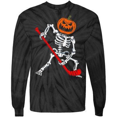 Skeleton Ice Hockey Halloween Pumpkin Hockey Tie-Dye Long Sleeve Shirt