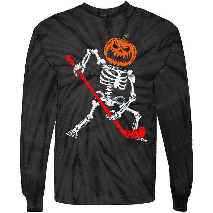 Skeleton Ice Hockey Halloween Pumpkin Hockey Tie-Dye Long Sleeve Shirt