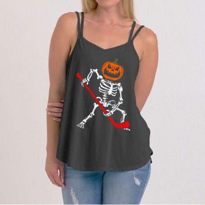 Skeleton Ice Hockey Halloween Pumpkin Hockey Women's Strappy Tank