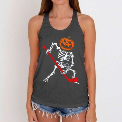 Skeleton Ice Hockey Halloween Pumpkin Hockey Women's Knotted Racerback Tank