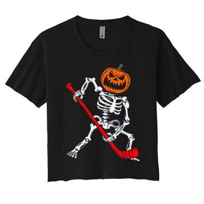 Skeleton Ice Hockey Halloween Pumpkin Hockey Women's Crop Top Tee