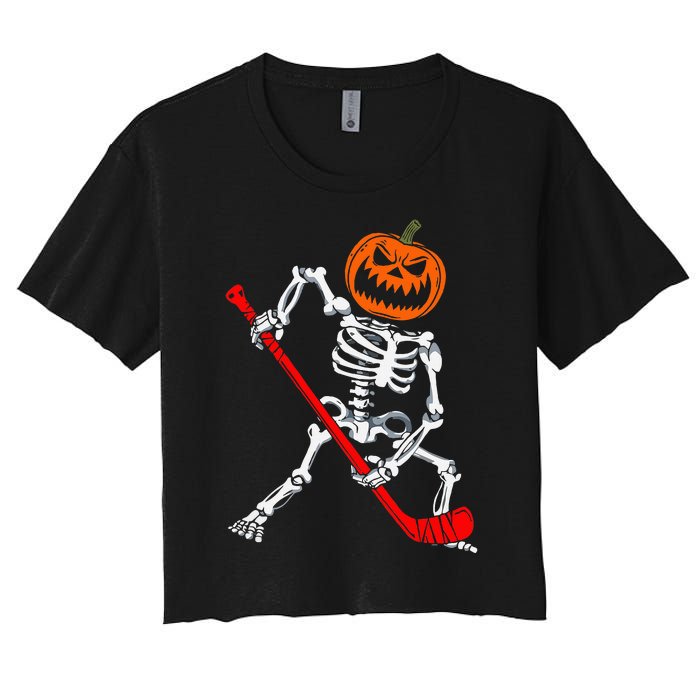 Skeleton Ice Hockey Halloween Pumpkin Hockey Women's Crop Top Tee