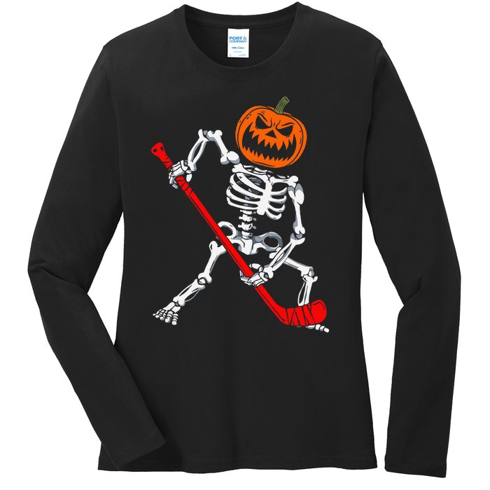 Skeleton Ice Hockey Halloween Pumpkin Hockey Ladies Long Sleeve Shirt