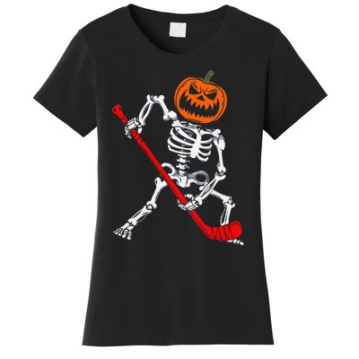 Skeleton Ice Hockey Halloween Pumpkin Hockey Women's T-Shirt