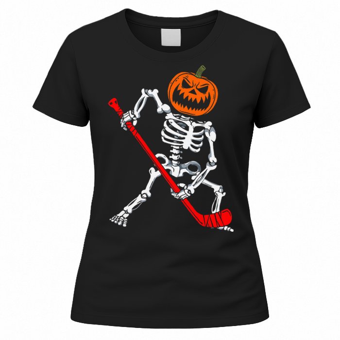 Skeleton Ice Hockey Halloween Pumpkin Hockey Women's T-Shirt