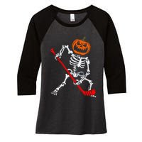 Skeleton Ice Hockey Halloween Pumpkin Hockey Women's Tri-Blend 3/4-Sleeve Raglan Shirt