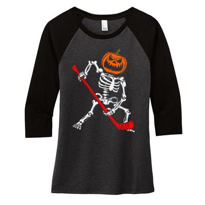 Skeleton Ice Hockey Halloween Pumpkin Hockey Women's Tri-Blend 3/4-Sleeve Raglan Shirt