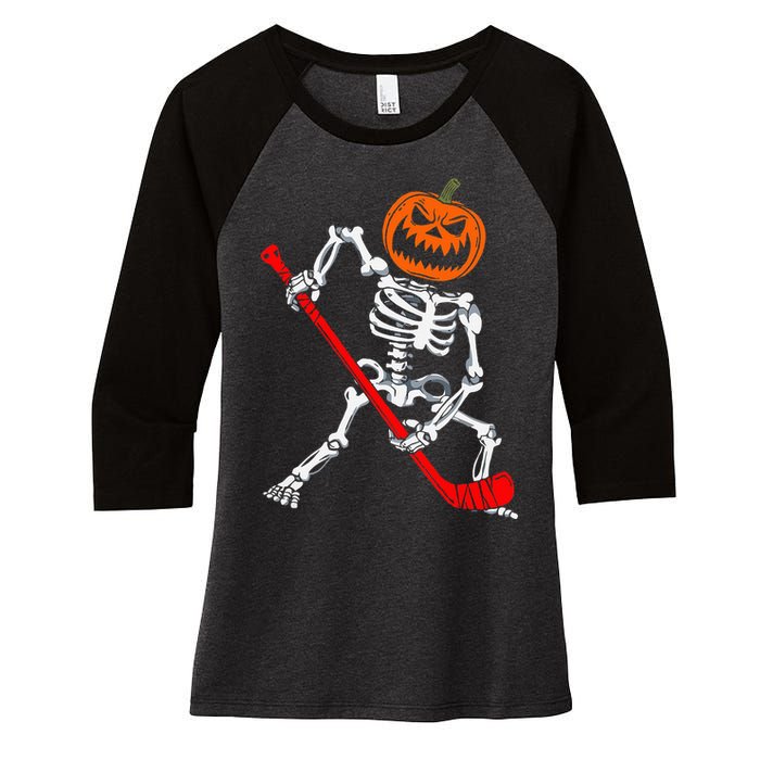 Skeleton Ice Hockey Halloween Pumpkin Hockey Women's Tri-Blend 3/4-Sleeve Raglan Shirt