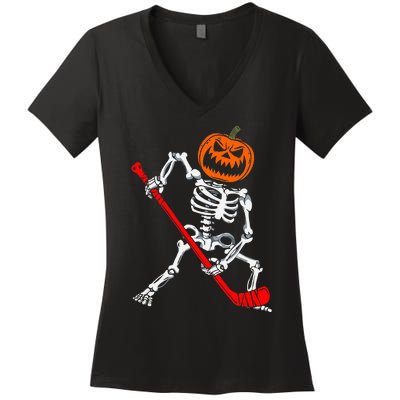 Skeleton Ice Hockey Halloween Pumpkin Hockey Women's V-Neck T-Shirt