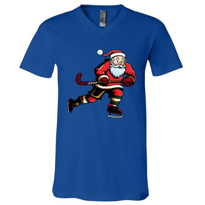 Santa Ice Hockey Lover Player Christmas Gift V-Neck T-Shirt