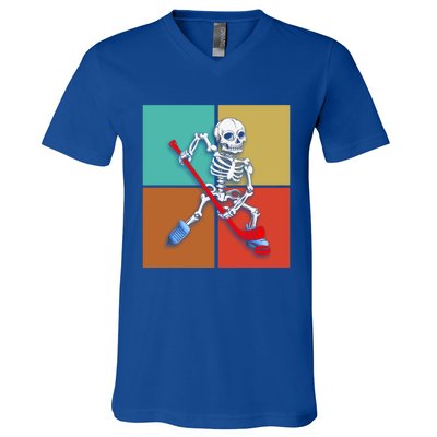 Skeleton Ice Hockey Halloween Hockey Gift V-Neck T-Shirt